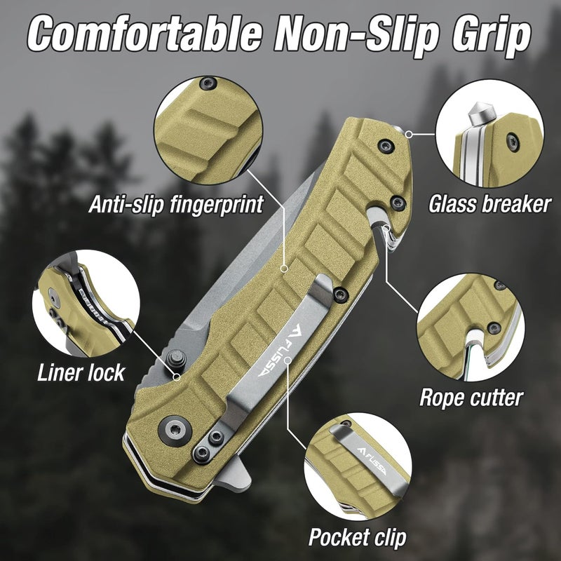 FLISSA Folding Pocket Knife, Knife with Liner Lock, Tanto Blade, Pocket Clip, Glass Breaker, Seatbelt Cutter, Perfect for Outdoor Camping(Coyote Brown) - Image 4